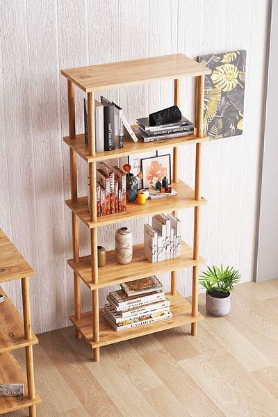 interGO Modern Bookcase With 5 Shelves - Storage Shelving Unit For Home Or Office - Atlantic Pine Pattern