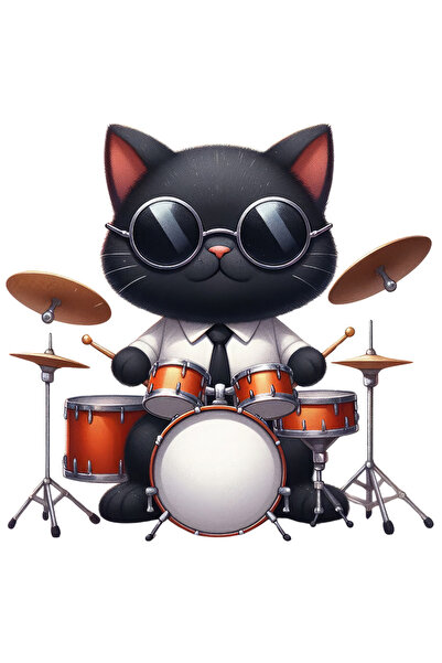 StoryGift Romania Sticker Adeziv 90CM cu pisica neagra baterista, ilustratie,...