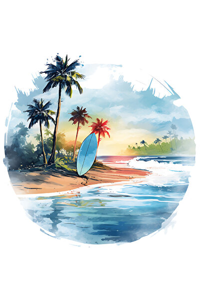 StoryGift Romania Sticker Adeziv 90CM cu o plaja, ilustratie, placa de surf, vacanta, palmieri, insule, apa, mar