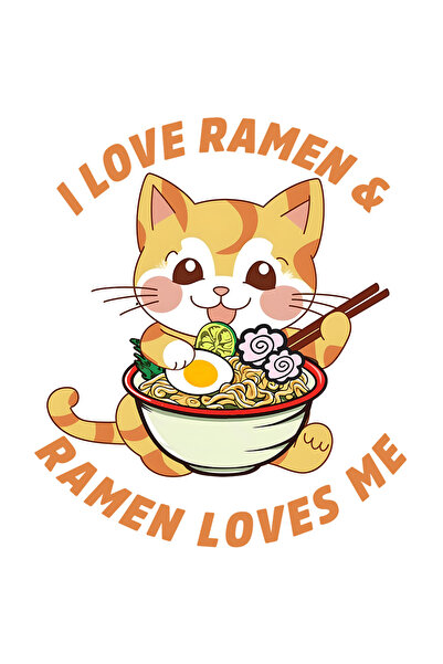 StoryGift Romania Sticker Cu O Pisicuta Care Mananca Ramen Cu Mesajul "i Love Ramen & Ramen Loves Me", Ilust