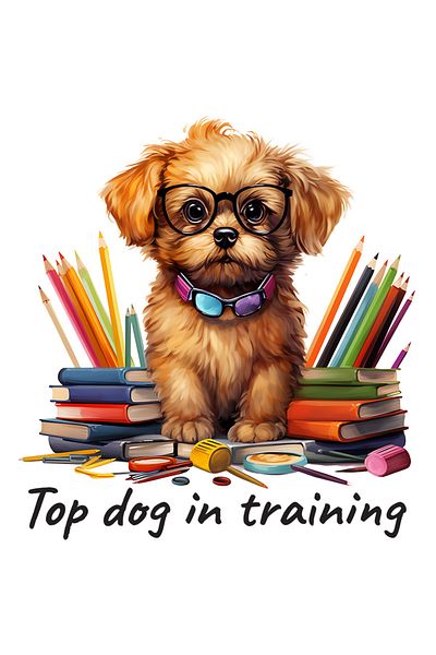 StoryGift Romania Sticker Label 40CM with a puppy with glasses, illustration, the message "Top dog in training", inst