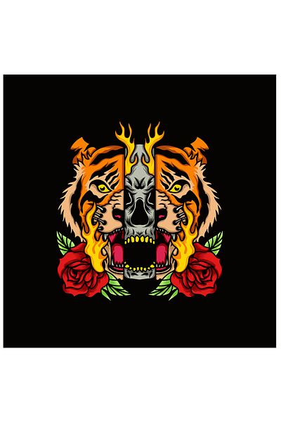 StoryGift Romania Sticker With Tiger, Skull, Flames, Roses, With White Edges, Pvc Vinyl 50 Cm