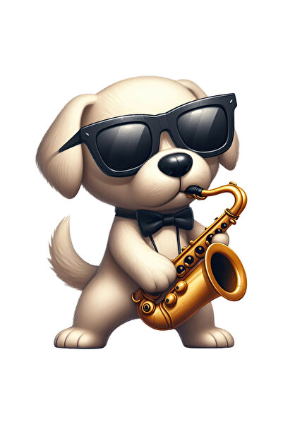 StoryGift Romania Sticker Cu Un Catel Gri Care Canta La Saxofon, Ilustratie, Ochelari, Papion, Instrument Mu