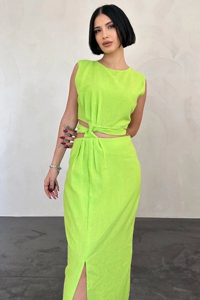 nedo7 Pistachio Green Belted Crop and Skirt Set