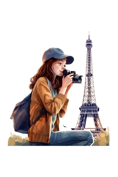 StoryGift Romania Sticker Eticheta 50CM cu o fata care face fotografii, calatorie, ilustratie, la Paris, Turnul