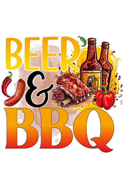 StoryGift Romania Sticker Autocolant 70CM cu mesajul "Beer & BBQ", gatit, ilustratie, bucatarie, bere si friptur