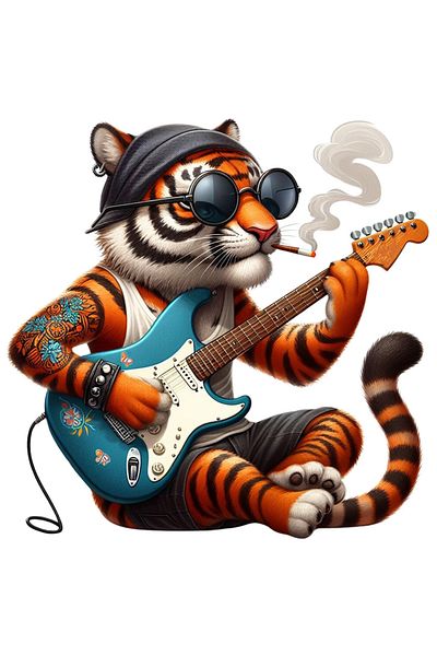 StoryGift Romania Sticker Label 50CM with a tattooed tiger playing the guitar, illustration, smoking, glasses,
