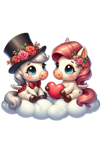 StoryGift Romania Sticker Autocolant 70CM cu o femela ponei si un ponei care stau pe un nor, ilustratie, tine o