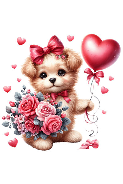 StoryGift Romania Sticker Eticheta 40CM cu un catel care tine un buchet cu trandafiri, balon, inimi, Valentine's