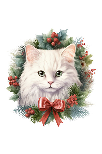 StoryGift Romania Sticker Eticheta 40CM cu o pisica alba serioasa, ilustratie, putin surprinsa, funda, vasc, fru