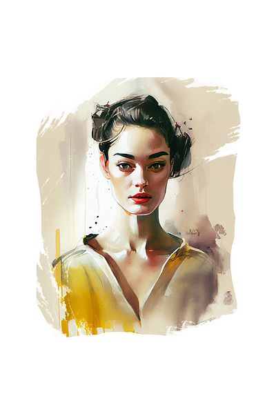 StoryGift Romania Sticker Cu Pictura Portret Fata Cu Par Brunet Prins, Tinuta Galben, Cadou Pentru Iubitorii