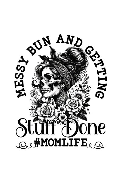 StoryGift Romania Sticker Adeziv 90CM cu schelet de femeie cu mesajul "Messy bun and getting sruff done #momlife