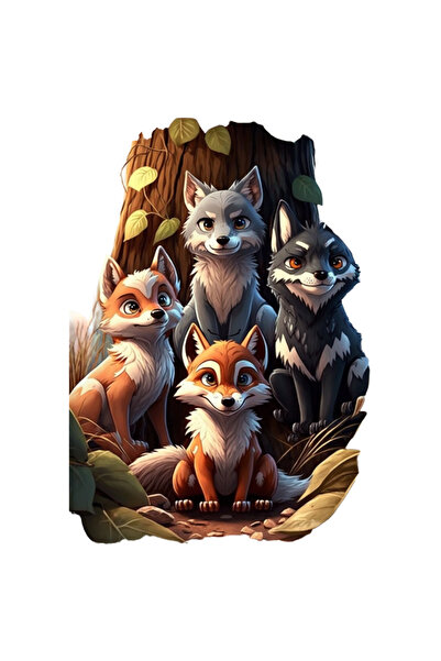 StoryGift Romania Sticker Adeziv 90CM Cu Vulpi si Lupi in fata unui Bustean, ...