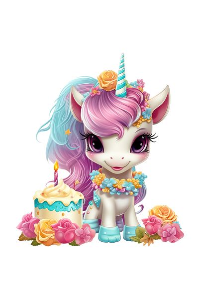 StoryGift Romania Sticker Autocolant 70CM cu un unicorn vesel, ilustratie, tort, imbujorata, floricele, sarbator