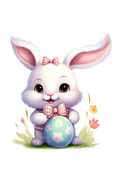 StoryGift Romania Sticker Eticheta 40CM cu un iepuras care tine un ou vopsit, floricele, plante, natura, ierburi