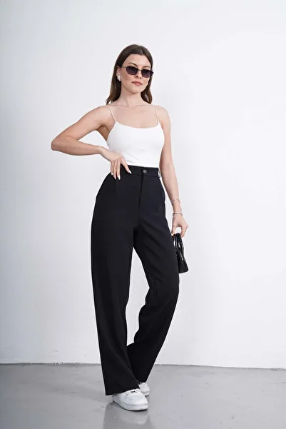 neroverde Black High Waist Front Pleated Palazzo Trousers