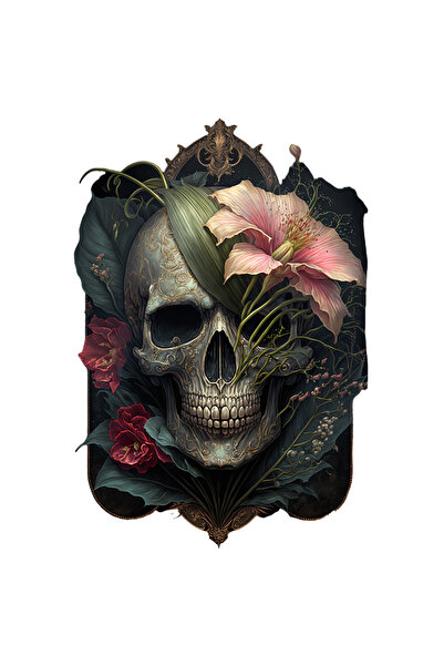StoryGift Romania Sticker Eticheta 40CM Cu Craniu Decorat, Flori, Crin, Gotic, Elegant, cu Margini Albe, PVC Vi