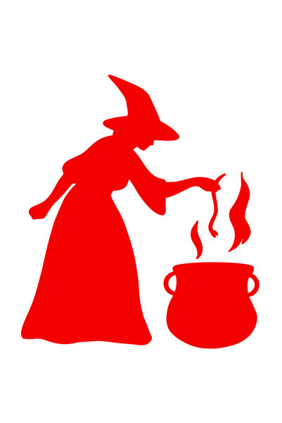 StoryGift Romania Sticker Eticheta 40CM Exterior cu o vrajitoare care prepara ceva intr-un ceaun , Vinyl Rosu, 40 cm