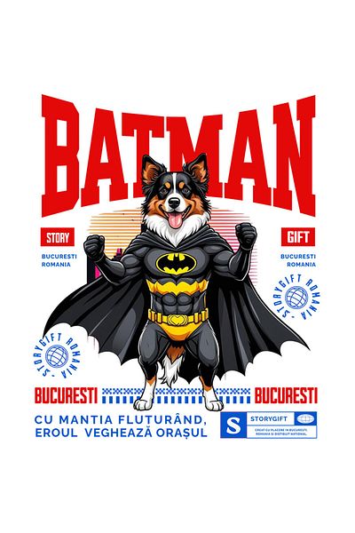 StoryGift Romania Sticker Autocolant 70CM cu Ciobănesc Australian / Australian ShepherdCaine In Costum de BatMan
