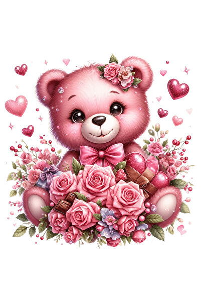 StoryGift Romania Sticker Adeziv 90CM cu o ursoaica vesela, ilustratie, roz, trandafiri, inimi, ciocolata, cadou