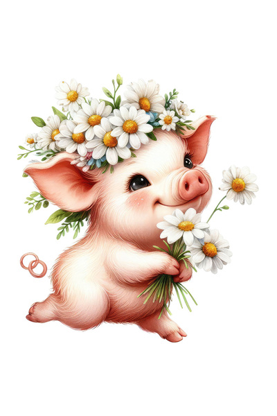 StoryGift Romania Sticker Autocolant 70CM cu un purcelus care tine cateva flo...