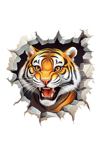 StoryGift Romania Sticker 70CM with an aggressive tiger sticking its head out of a wall, illustration, furious
