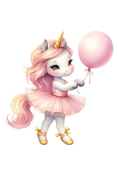 StoryGift Romania Sticker 70CM sticker with a unicorn holding a balloon, illustration, pink dress, flower, imbu