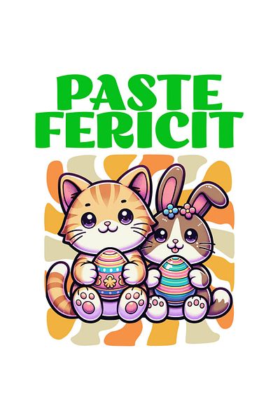 StoryGift Romania Sticker Autocolant 70CM cu Pisica portocalie Si Iepure Cu Oua Colorate Pascal Text Paste Feric