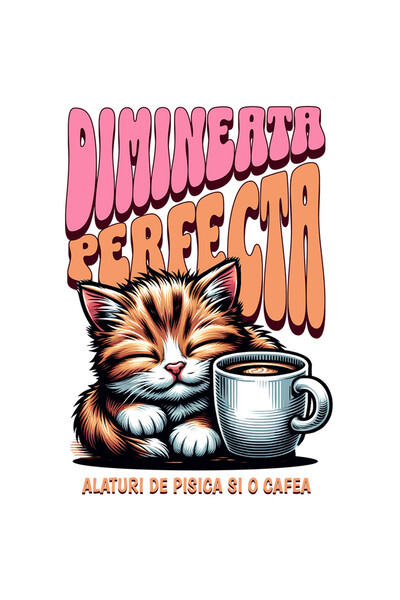 StoryGift Romania Sticker Cu Pisica Somnoroasa Cu Cana De Cafea Text Dimineata Perfecta Cu Margini Albe, Pv