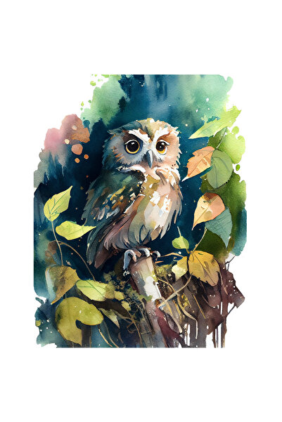 StoryGift Romania Sticker Autocolant 70CM Cu Pictura Pui Bufnita Pe O Creanga In Natura Verde, Animal Nocturn, V