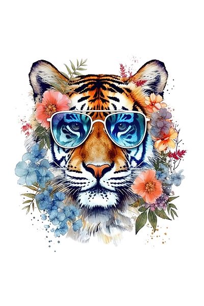 StoryGift Romania Sticker 70CM with a tiger with glasses, flowers around, plants, nature, freedom, abstract