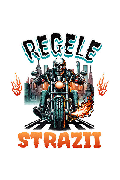 StoryGift Romania Sticker Autocolant 70CM cu Schelete Uman Motociclist Cu Tinuta De Piele Flacari Oras Cu Cladir