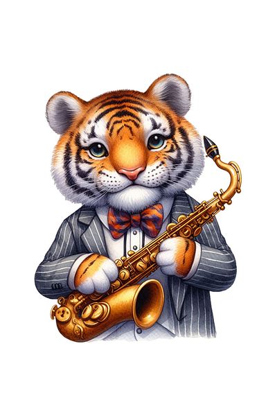 StoryGift Romania Adhesive Sticker 90CM with a tiger holding a saxophone, illustration, melody, musical instrument,