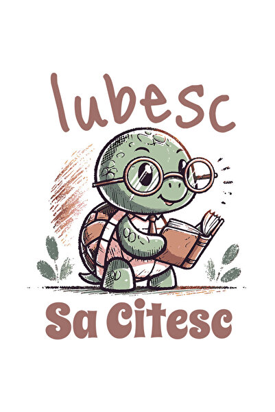 StoryGift Romania Sticker Autocolant 70CM cu Broasca testoasa Cu carte Inteligenta Si Ochelari de soare Text Iub