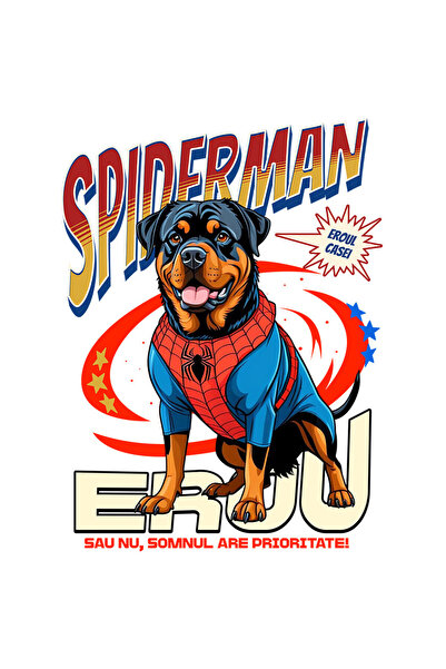 StoryGift Romania Sticker Cu Rottweiler Caine In Costum De Spiderman Cu Pelerina, Erou Nocturn, Desene Anima