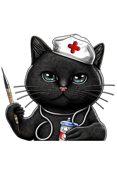 StoryGift Romania Sticker Autocolant 70CM cu o pisicuta neagra, ilustratie, doctorita, serioasa, prescrie tratam