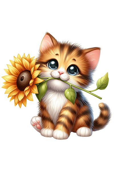 StoryGift Romania Sticker Label 50CM with a tiger cub holding a flower, illustration, sunflower, eye