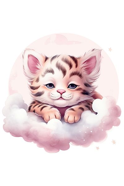 StoryGift Romania Sticker With A Sleepy Tiger Cub, Illustration, Clouds, Full Moon, Stars, Afternoon
