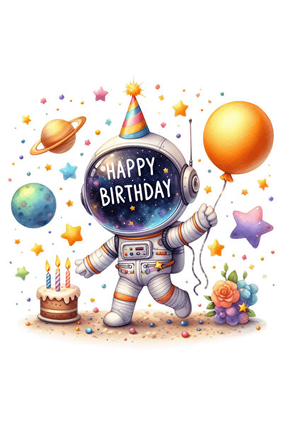 StoryGift Romania Sticker Cu Un Astronaut Pe Luna, Ilustratie, Planete, Stele, Astre, La Multi Ani, Baloane,