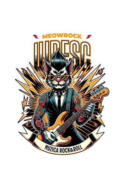 StoryGift Romania Sticker Eticheta 50CM Adeziv PISICA ROCK AND ROLL IUBESC MUZICA, PETRECERE IUBITORII DE MOTANI