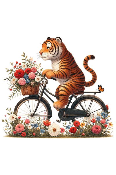 StoryGift Romania Sticker Label 50CM with a tiger riding a bike, illustration, ride, basket with flowers