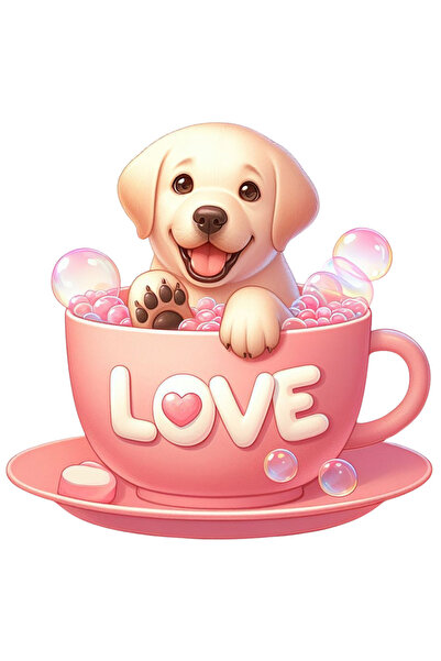 StoryGift Romania Sticker Eticheta 40CM cu un catel Golden Retriever, ilustratie, sta intr-o ceasca cu mesajul "