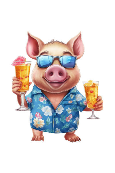 StoryGift Romania Sticker Autocolant 70CM cu un porc in concediu, ilustratie, intr-un loc exotic, pahare cu baut