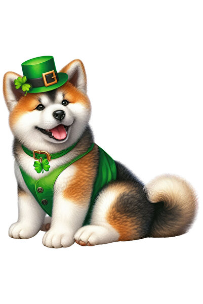 StoryGift Romania Sticker Autocolant 70CM cu un catelus Akita Inu care are o palarie verde, ilustratie, sarbatoa