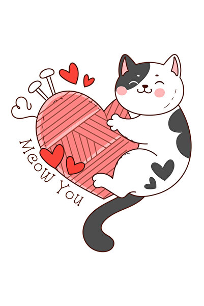 StoryGift Romania Sticker Cu Pisica Care Se Tine De Un Ghem In Forma De Inima Cu Mesajul "meow You", Inimioa