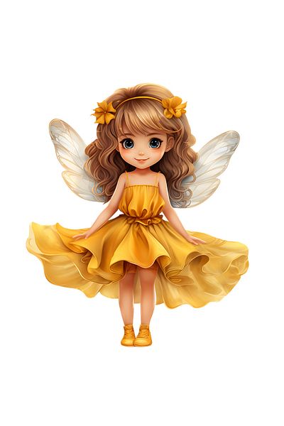 StoryGift Romania Sticker Eticheta 40CM cu o fetita dragalasa cu aripi de fluture, zana, rochie galbena, florice