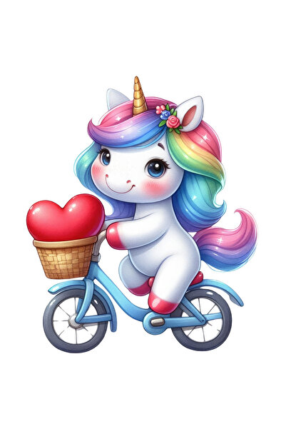 StoryGift Romania Sticker Eticheta 40CM cu un unicorn care se plimba cu bicicleta. ilustratie. cos cu inimioara,