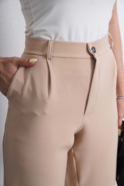 neroverde Bej Yüksek Bel Önü Pileli Palazzo Pantolon