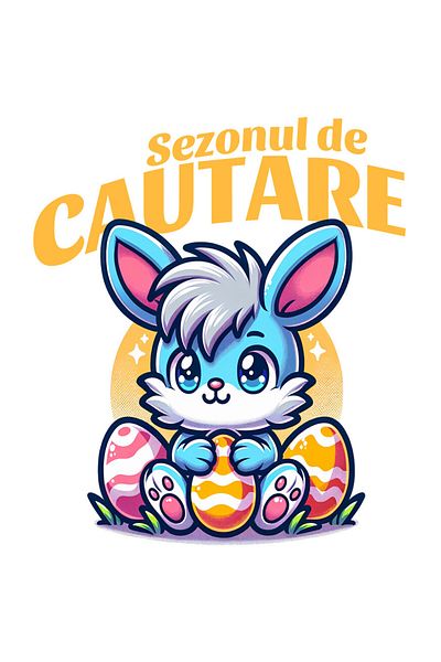 StoryGift Romania Sticker Autocolant 70CM cu Iepure Albastru Cu Freza Si Oua Colorate De Paste Text Sezonul De C