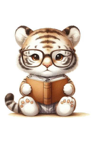 StoryGift Romania Adhesive Sticker 90CM with a little tiger holding a book, illustration, glasses, reading, p